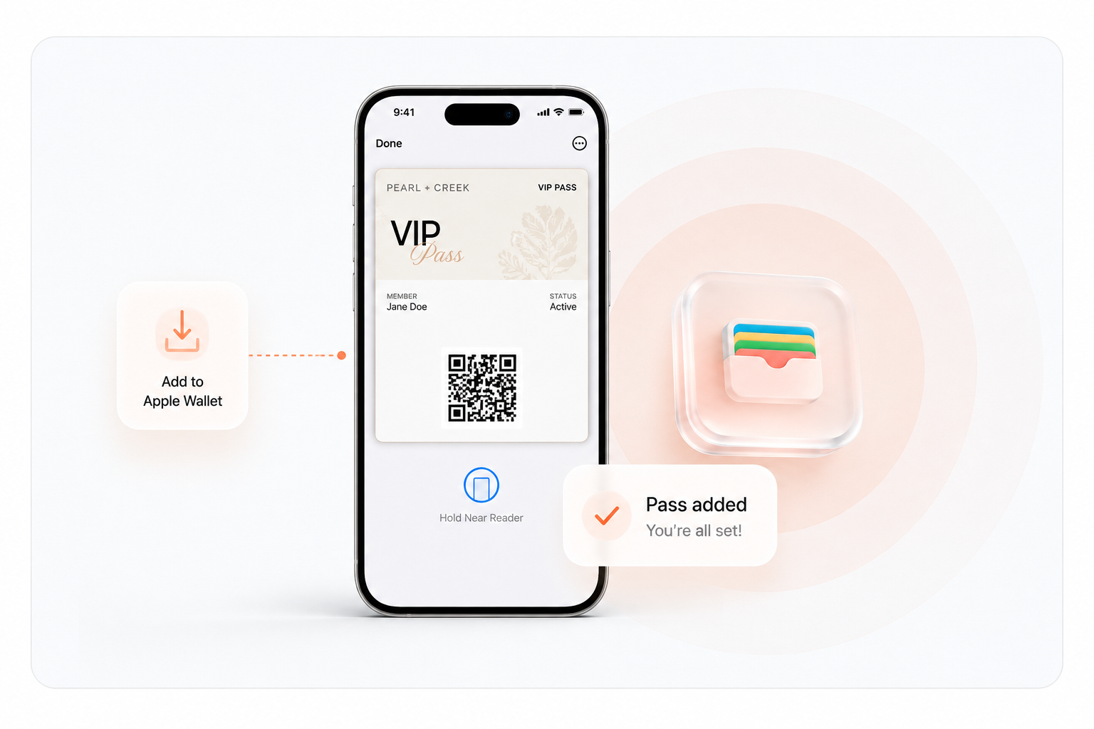 iPhone showing a VIP pass being added to Apple Wallet, with a "Pass added" confirmation