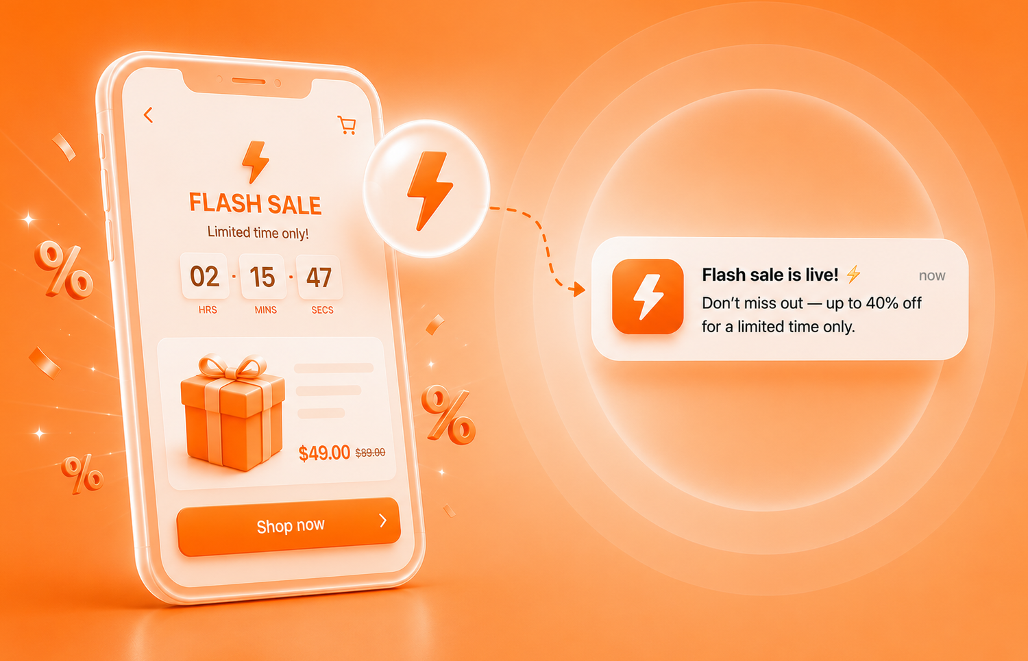 A flash sale countdown screen triggering a "Flash sale is live!" push notification offering up to 40% off